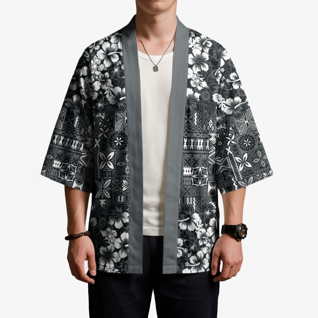 Black Hawaiian Tapa Tribal Hibiscus Kimono LT9 - Polynesian Pride