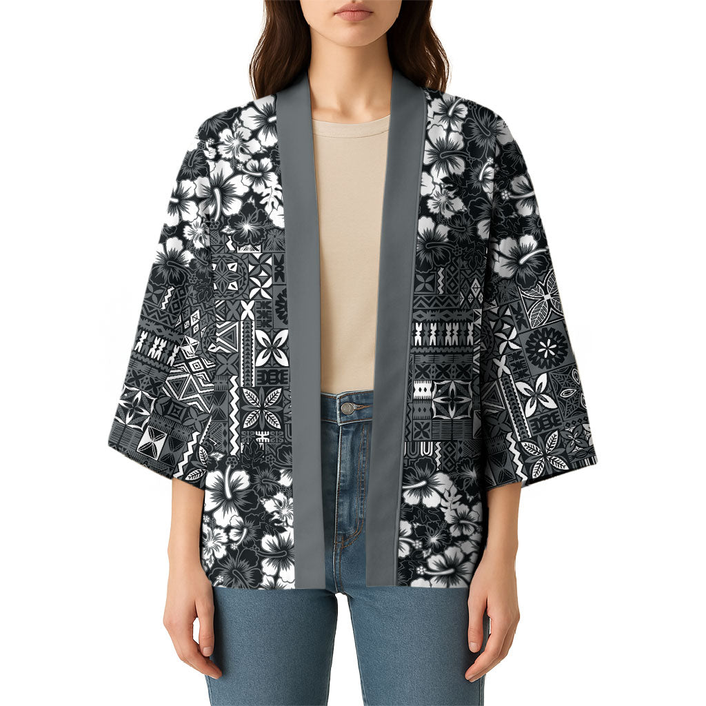 Black Hawaiian Tapa Tribal Hibiscus Kimono LT9 - Polynesian Pride
