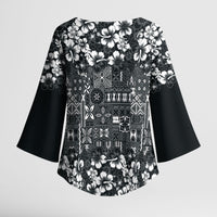 Black Hawaiian Tapa Tribal Hibiscus Kimono Sleeve Blouse LT9 - Polynesian Pride