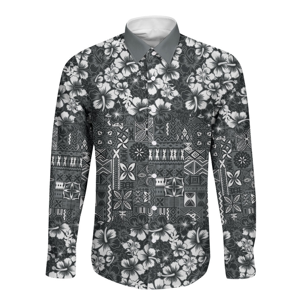 Black Hawaiian Tapa Tribal Hibiscus Long Sleeve Button Shirt LT9 Unisex Black - Polynesian Pride