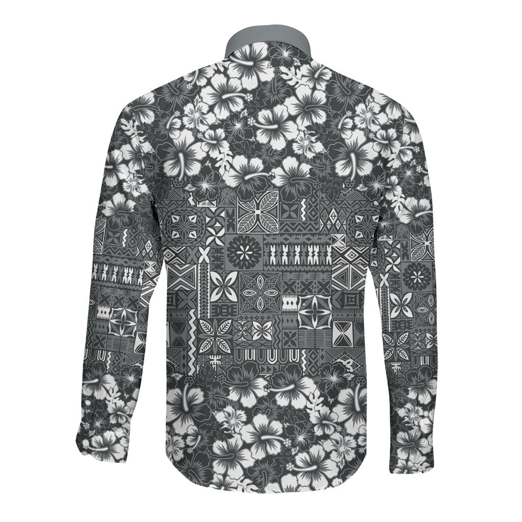 Black Hawaiian Tapa Tribal Hibiscus Long Sleeve Button Shirt LT9 - Polynesian Pride