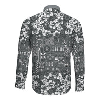 Black Hawaiian Tapa Tribal Hibiscus Long Sleeve Button Shirt LT9 - Polynesian Pride