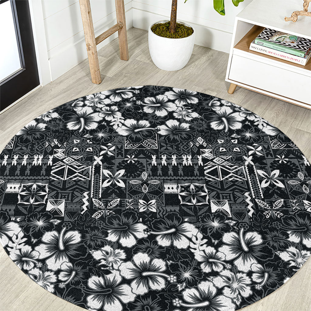 Black Hawaiian Tapa Tribal Hibiscus Round Carpet LT9 Black - Polynesian Pride
