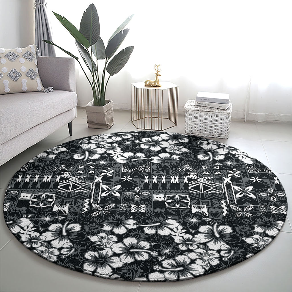 Black Hawaiian Tapa Tribal Hibiscus Round Carpet LT9 - Polynesian Pride