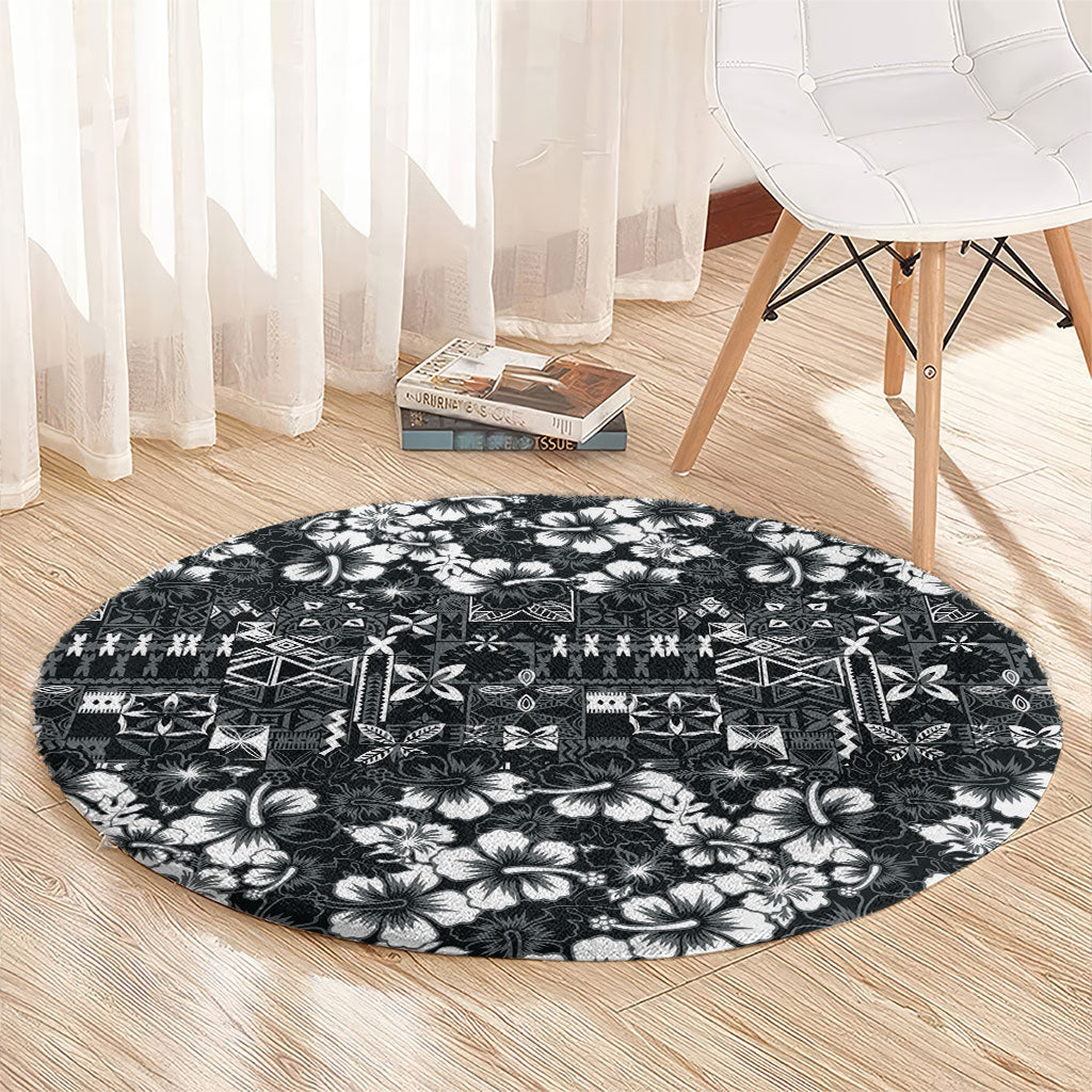 Black Hawaiian Tapa Tribal Hibiscus Round Carpet LT9 - Polynesian Pride