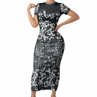 Black Hawaiian Tapa Tribal Hibiscus Short Sleeve Bodycon Dress LT9 Long Dress Black - Polynesian Pride