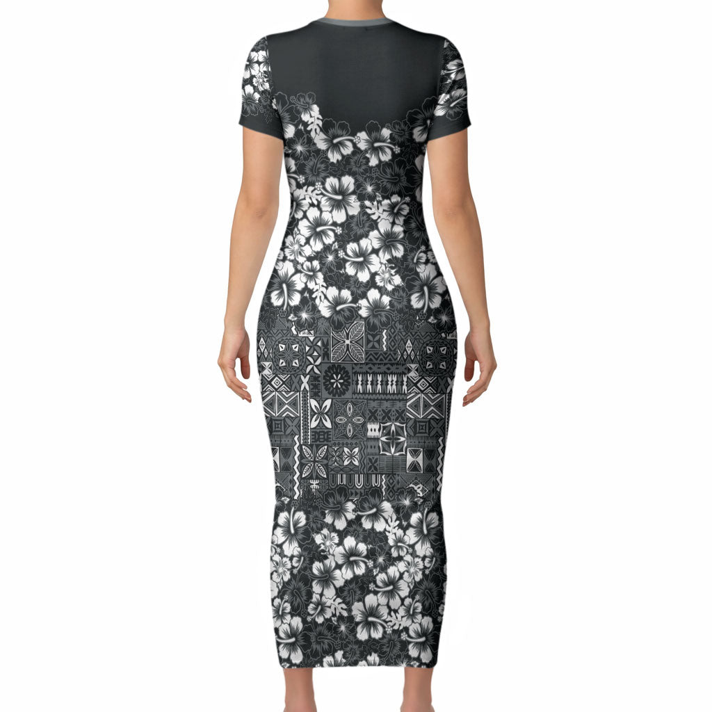 Black Hawaiian Tapa Tribal Hibiscus Short Sleeve Bodycon Dress LT9 - Polynesian Pride