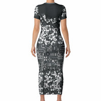 Black Hawaiian Tapa Tribal Hibiscus Short Sleeve Bodycon Dress LT9 - Polynesian Pride