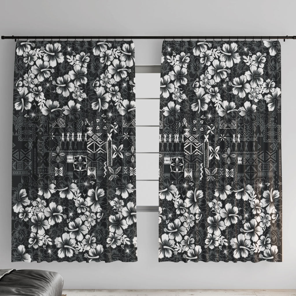Black Hawaiian Tapa Tribal Hibiscus Window Curtain LT9 With Hooks Black - Polynesian Pride