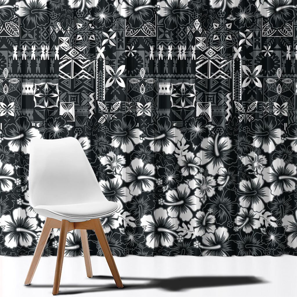Black Hawaiian Tapa Tribal Hibiscus Window Curtain LT9 - Polynesian Pride