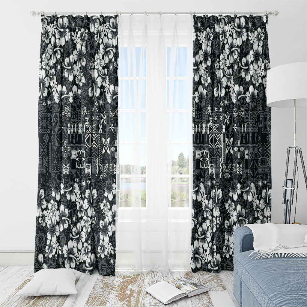 Black Hawaiian Tapa Tribal Hibiscus Window Curtain LT9 - Polynesian Pride