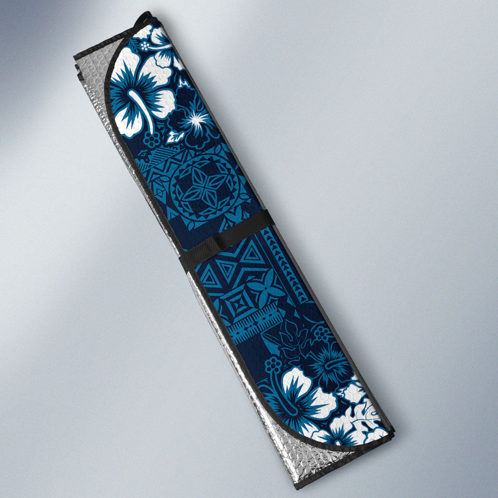 Blue Hawaiian Tapa Tribal Hibiscus Auto Sun Shade LT9 - Polynesian Pride
