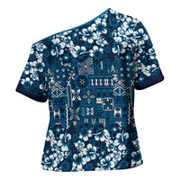 Blue Hawaiian Tapa Tribal Hibiscus Cross Shoulder Shirt LT9 - Polynesian Pride