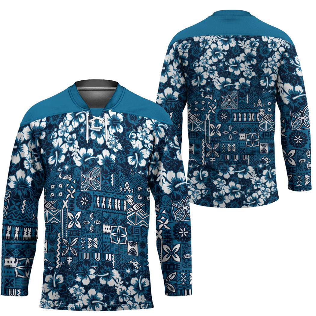 Blue Hawaiian Tapa Tribal Hibiscus Hockey Jersey LT9 - Polynesian Pride