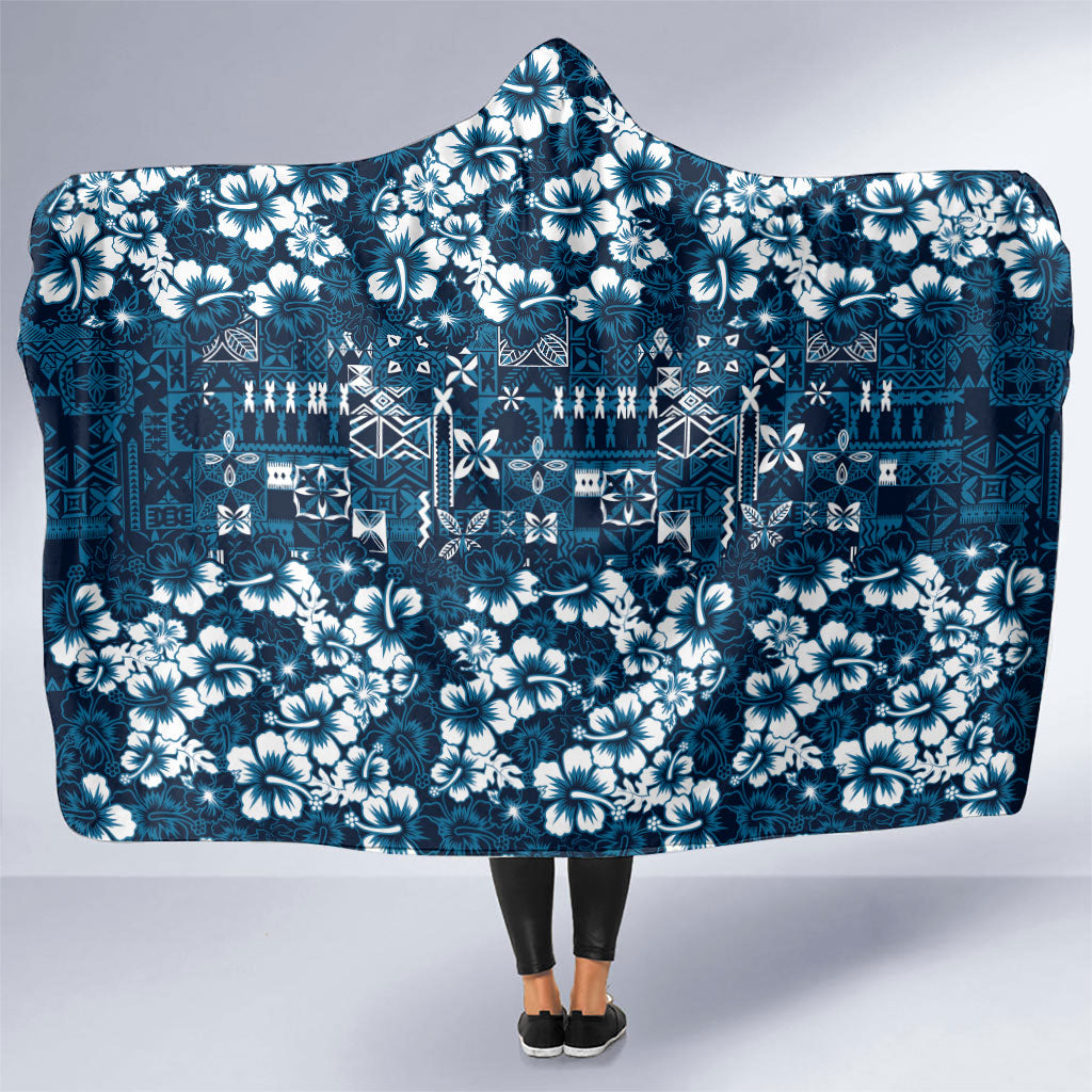 Blue Hawaiian Tapa Tribal Hibiscus Hooded Blanket LT9 One Size Blue - Polynesian Pride