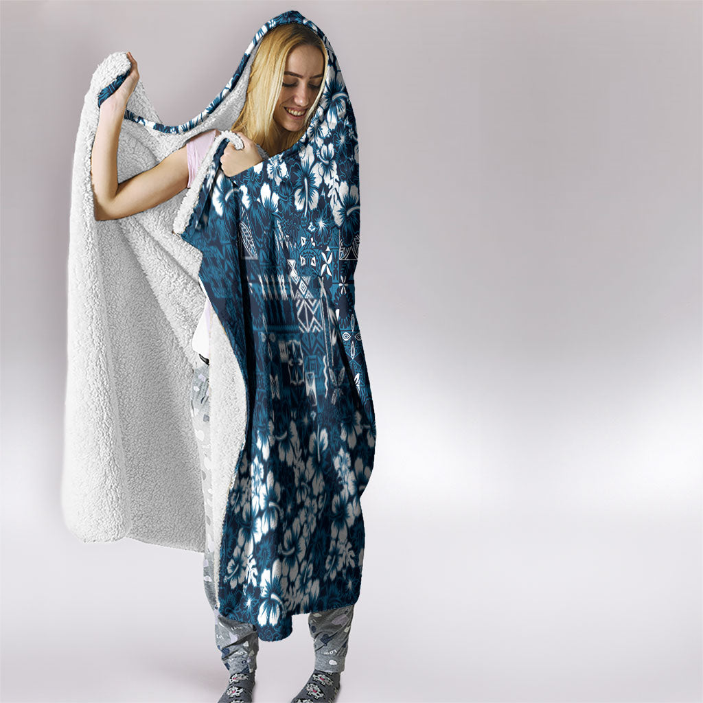 Blue Hawaiian Tapa Tribal Hibiscus Hooded Blanket LT9 - Polynesian Pride