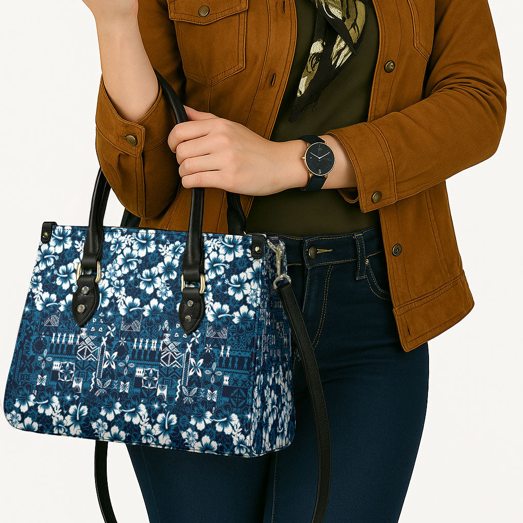 Blue Hawaiian Tapa Tribal Hibiscus Leather Bag LT9 - Polynesian Pride