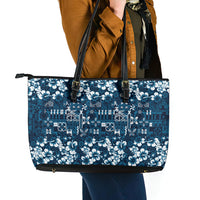 Blue Hawaiian Tapa Tribal Hibiscus Leather Tote Bag LT9 - Polynesian Pride