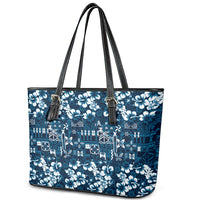 Blue Hawaiian Tapa Tribal Hibiscus Leather Tote Bag LT9 - Polynesian Pride