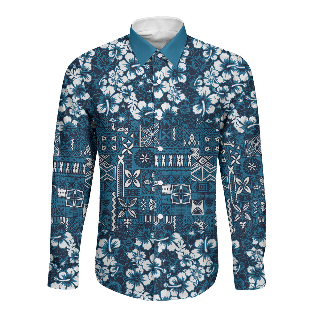 Blue Hawaiian Tapa Tribal Hibiscus Long Sleeve Button Shirt LT9 Unisex Blue - Polynesian Pride