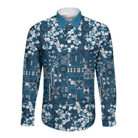 Blue Hawaiian Tapa Tribal Hibiscus Long Sleeve Button Shirt LT9 Unisex Blue - Polynesian Pride