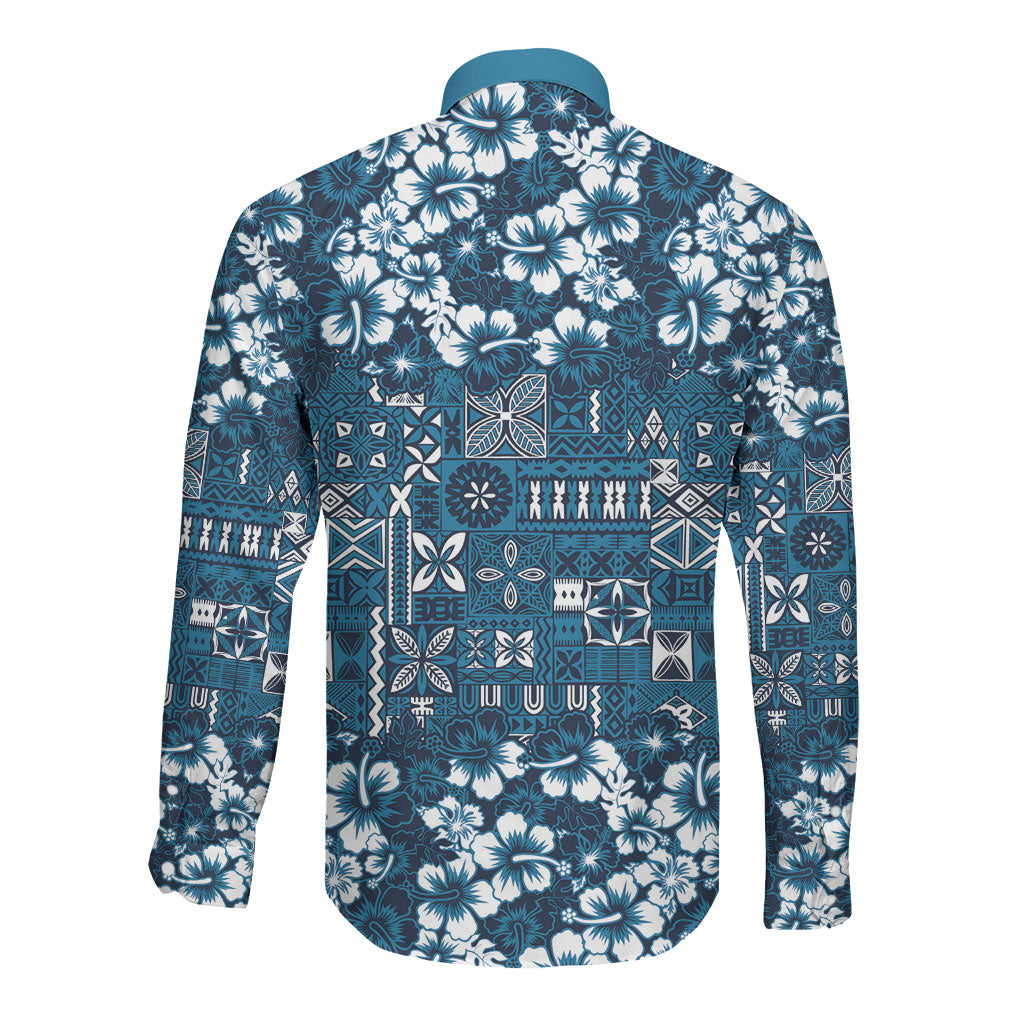 Blue Hawaiian Tapa Tribal Hibiscus Long Sleeve Button Shirt LT9 - Polynesian Pride