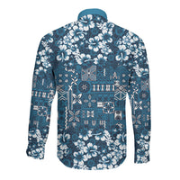 Blue Hawaiian Tapa Tribal Hibiscus Long Sleeve Button Shirt LT9 - Polynesian Pride
