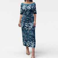 Blue Hawaiian Tapa Tribal Hibiscus Puletasi LT9 Long Dress Blue - Polynesian Pride