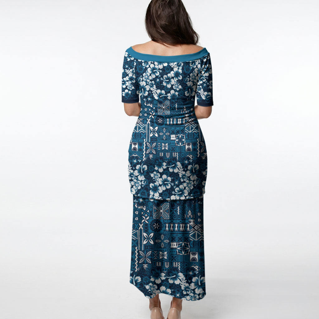 Blue Hawaiian Tapa Tribal Hibiscus Puletasi LT9 - Polynesian Pride
