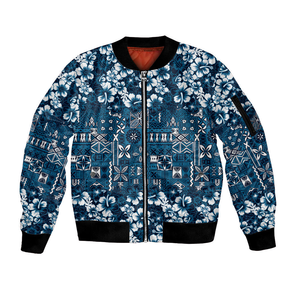 Blue Hawaiian Tapa Tribal Hibiscus Sleeve Zip Bomber Jacket LT9 Unisex Blue - Polynesian Pride