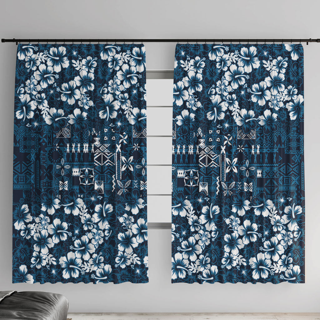 Blue Hawaiian Tapa Tribal Hibiscus Window Curtain LT9 With Hooks Blue - Polynesian Pride
