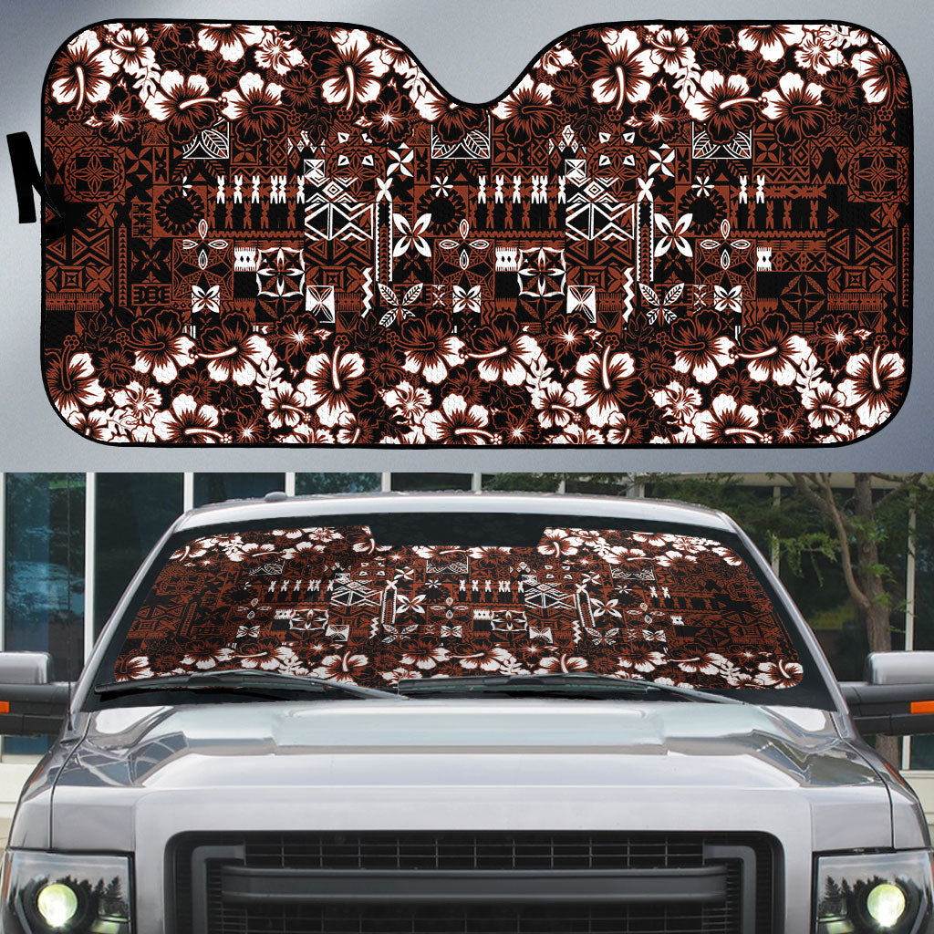 Burgundy Hawaiian Tapa Tribal Hibiscus Auto Sun Shade LT9 Burgundy - Polynesian Pride