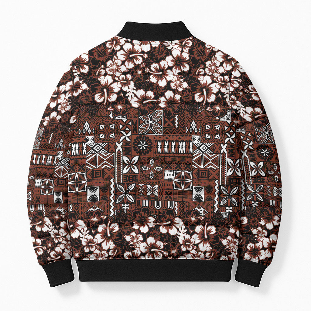 Burgundy Hawaiian Tapa Tribal Hibiscus Bomber Puffer Jacket LT9 - Polynesian Pride