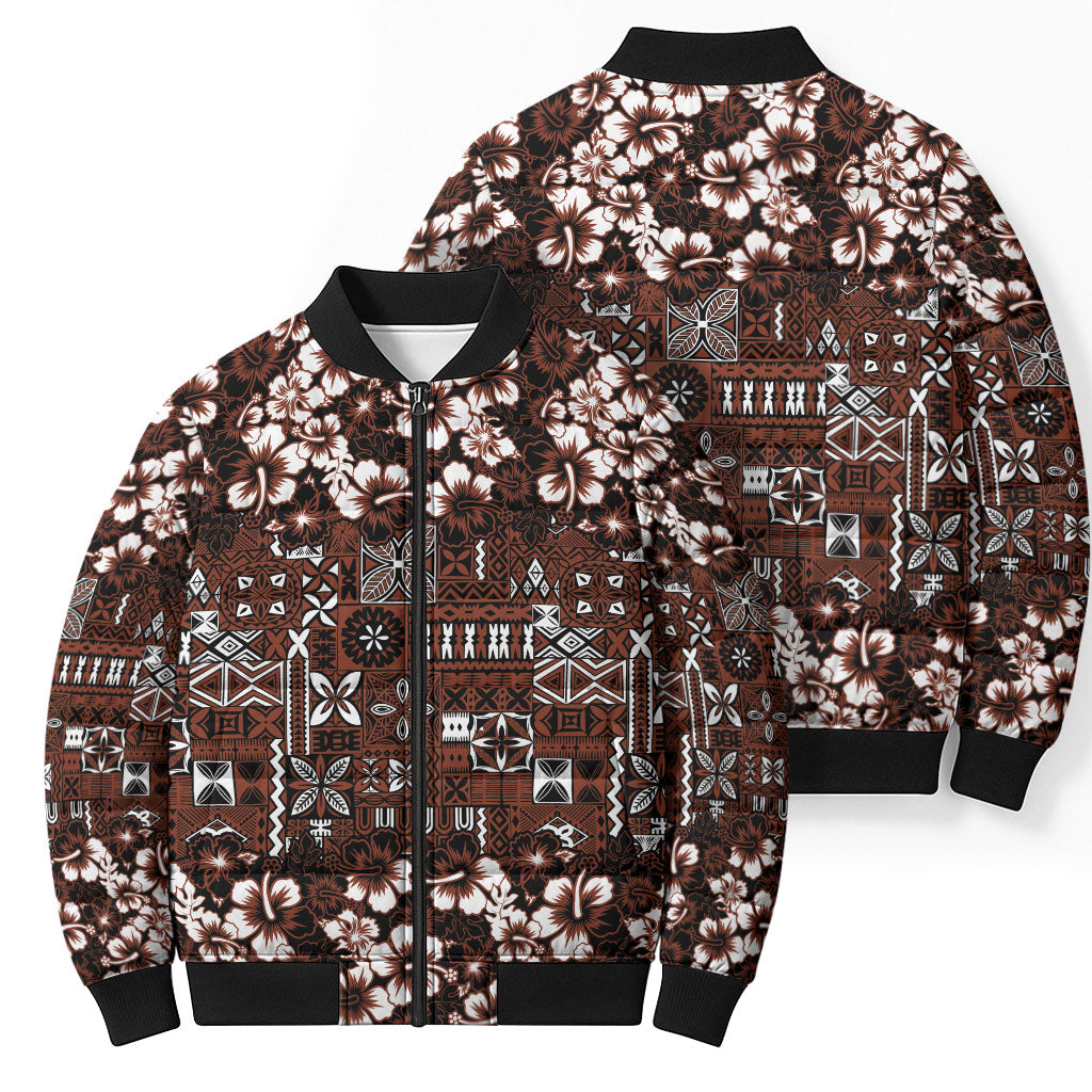 Burgundy Hawaiian Tapa Tribal Hibiscus Bomber Puffer Jacket LT9 - Polynesian Pride