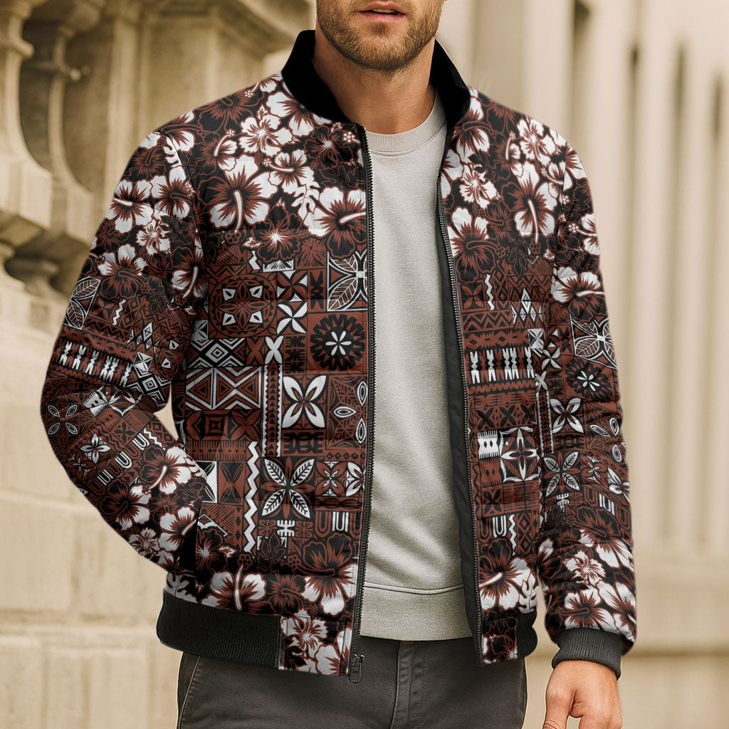 Burgundy Hawaiian Tapa Tribal Hibiscus Bomber Puffer Jacket LT9 - Polynesian Pride