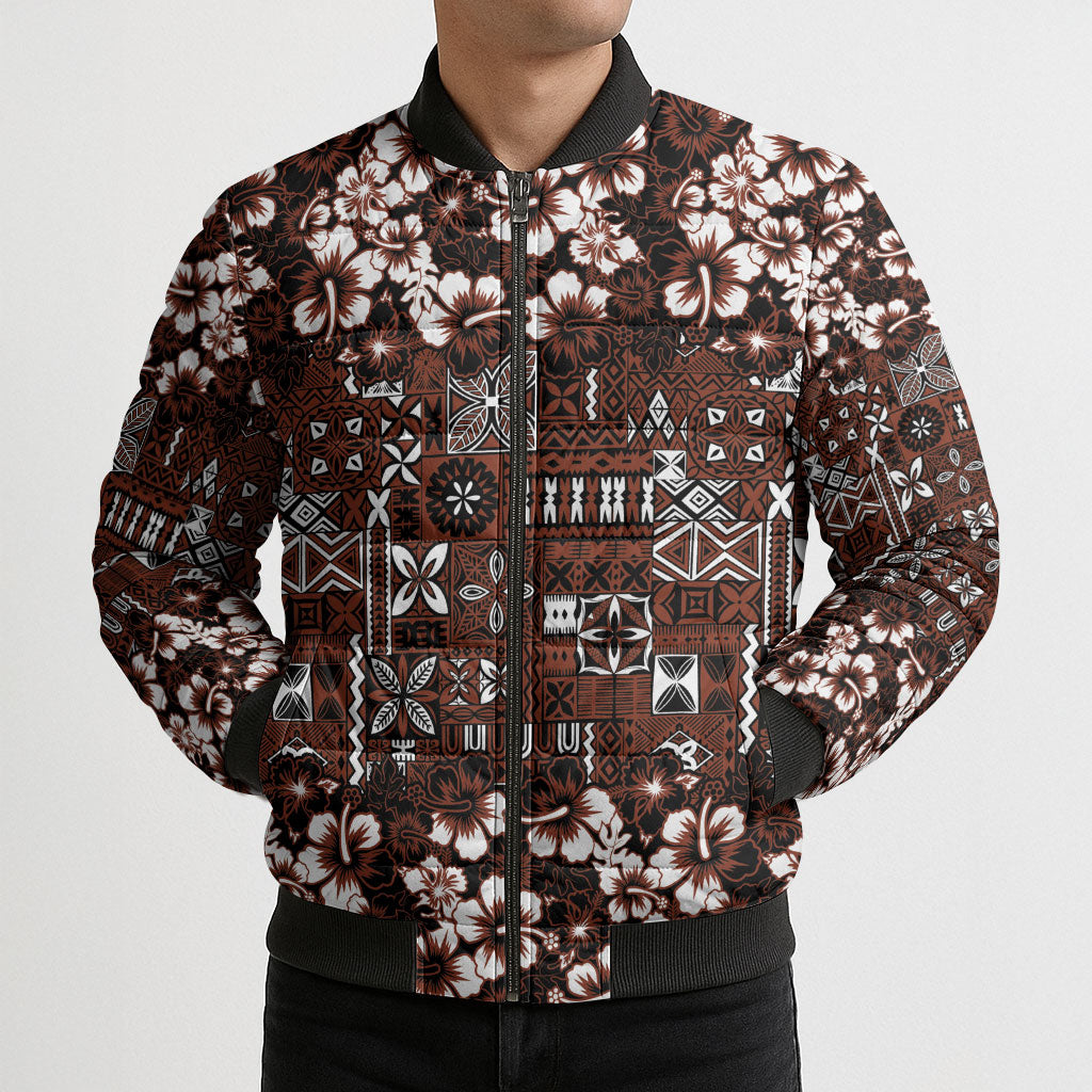 Burgundy Hawaiian Tapa Tribal Hibiscus Bomber Puffer Jacket LT9 - Polynesian Pride