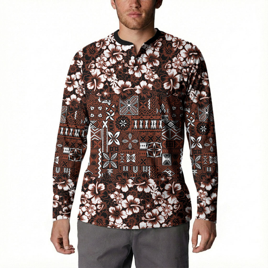 Burgundy Hawaiian Tapa Tribal Hibiscus Button Sweatshirt LT9 - Polynesian Pride