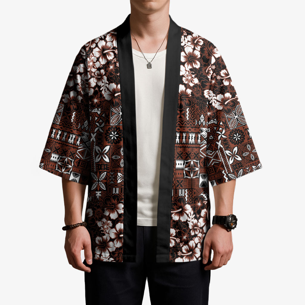Burgundy Hawaiian Tapa Tribal Hibiscus Kimono LT9 - Polynesian Pride