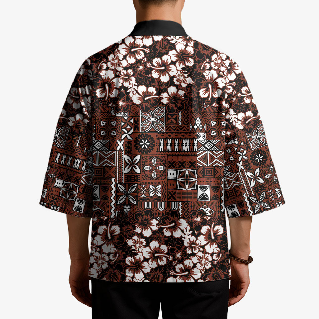 Burgundy Hawaiian Tapa Tribal Hibiscus Kimono LT9 - Polynesian Pride