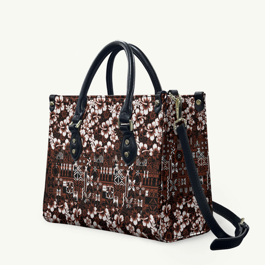 Burgundy Hawaiian Tapa Tribal Hibiscus Leather Bag LT9 Burgundy - Polynesian Pride