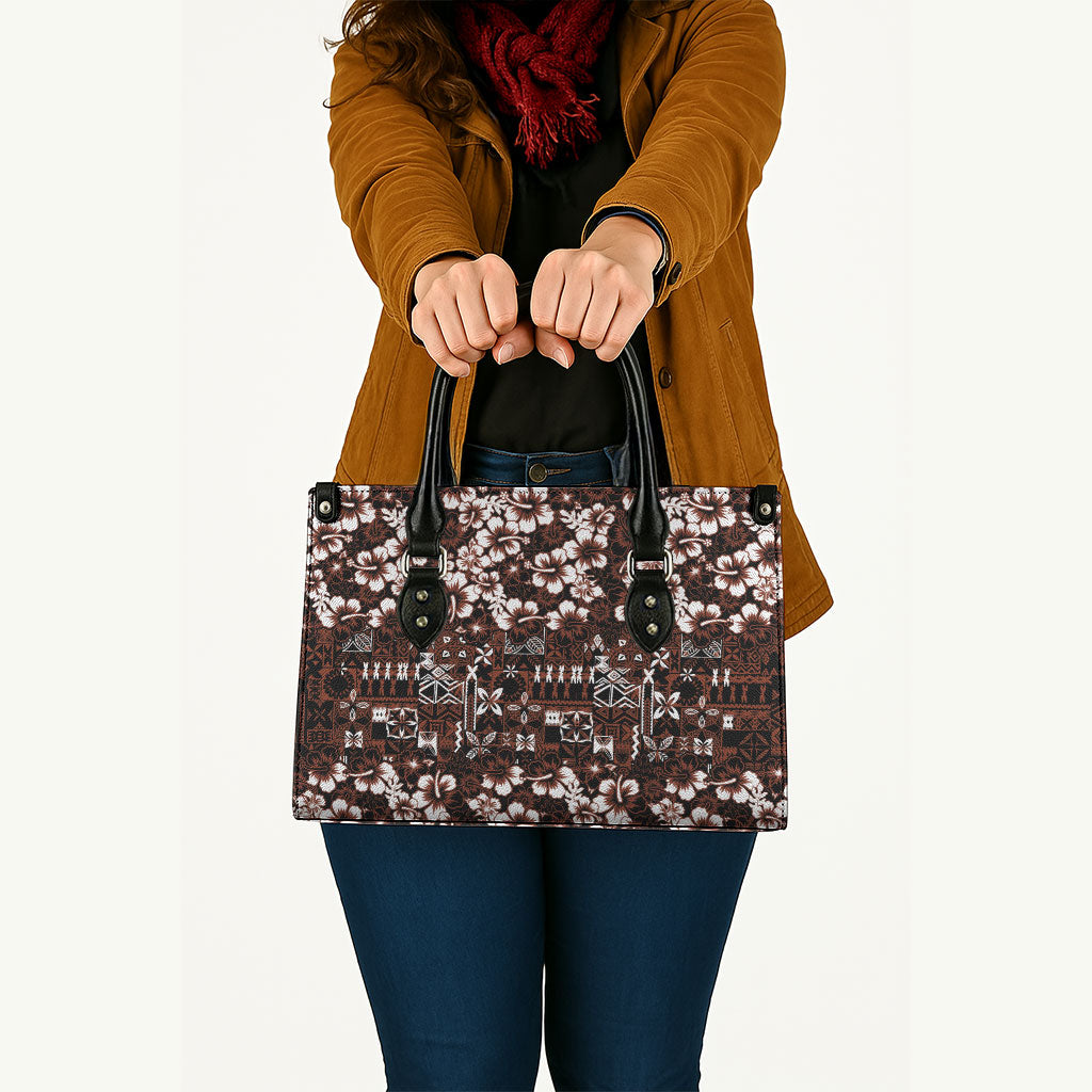 Burgundy Hawaiian Tapa Tribal Hibiscus Leather Bag LT9 - Polynesian Pride