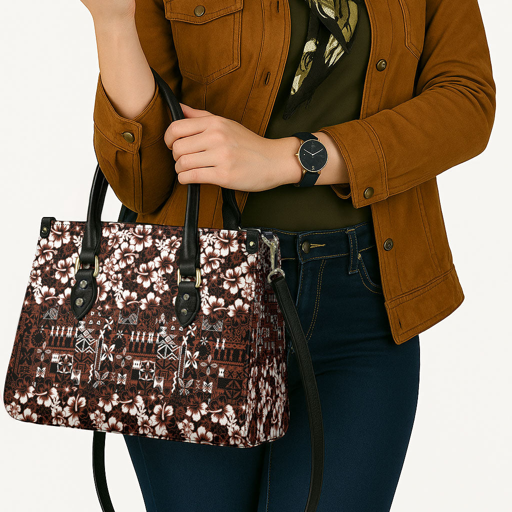 Burgundy Hawaiian Tapa Tribal Hibiscus Leather Bag LT9 - Polynesian Pride
