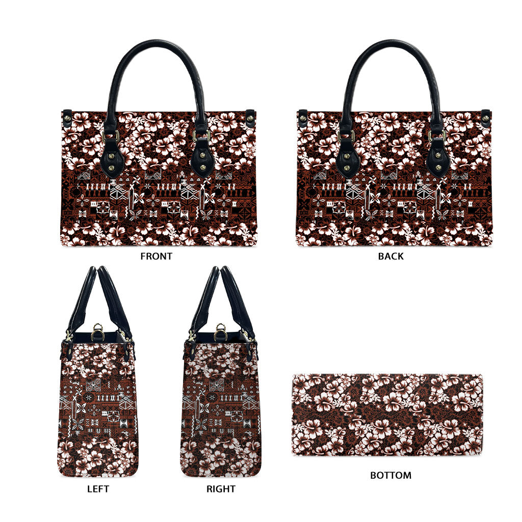 Burgundy Hawaiian Tapa Tribal Hibiscus Leather Bag LT9 - Polynesian Pride