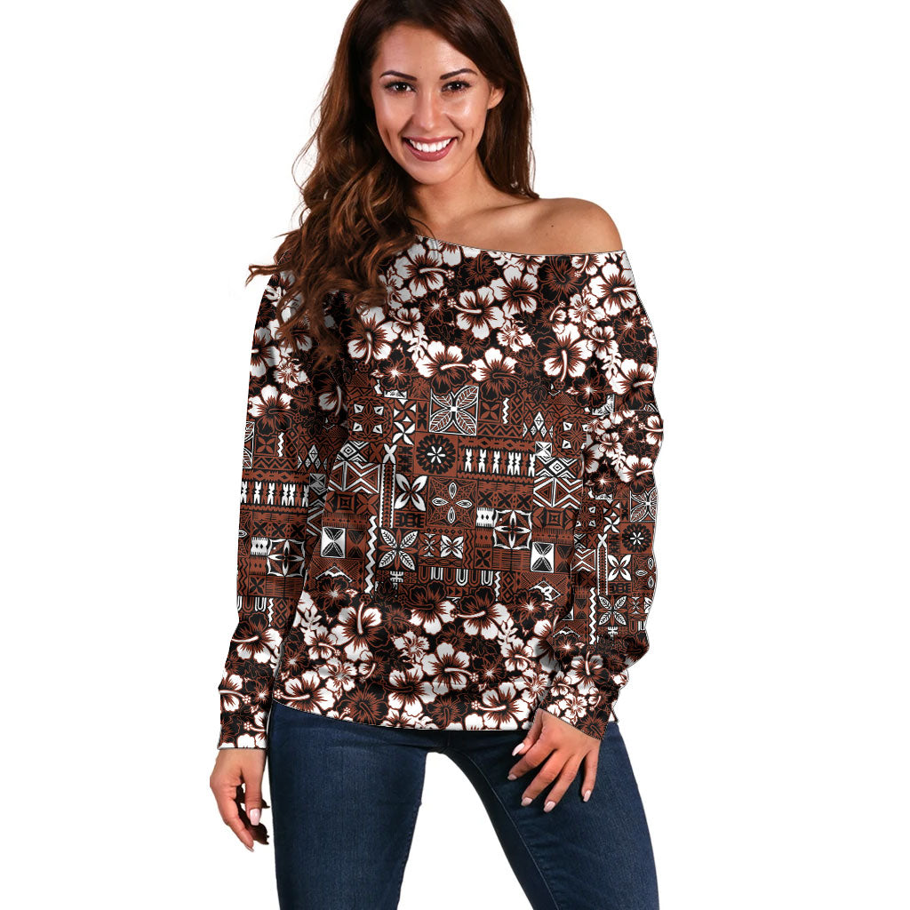 Burgundy Hawaiian Tapa Tribal Hibiscus Off Shoulder Sweater LT9 Women Burgundy - Polynesian Pride
