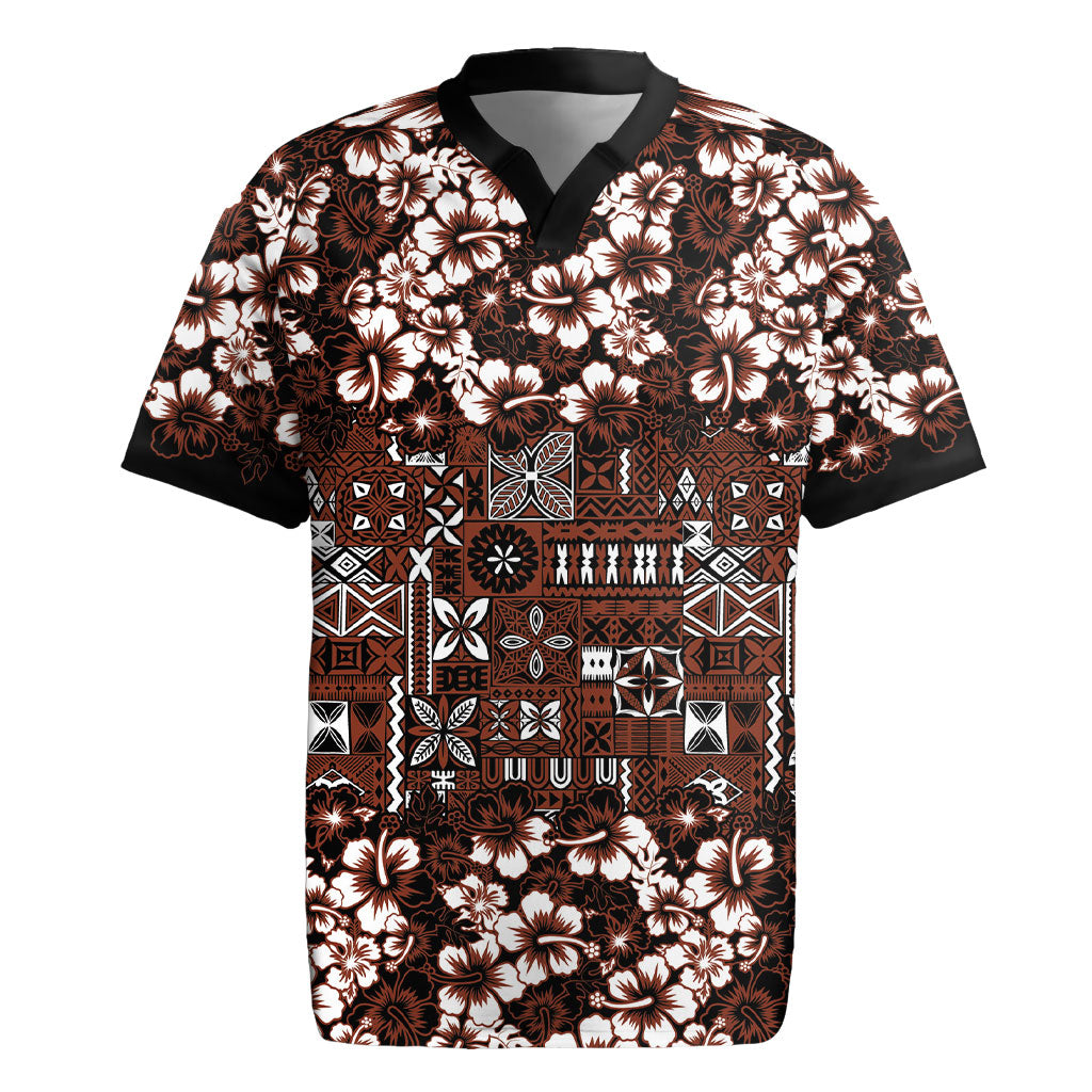 Burgundy Hawaiian Tapa Tribal Hibiscus Rugby Jersey LT9 Burgundy - Polynesian Pride