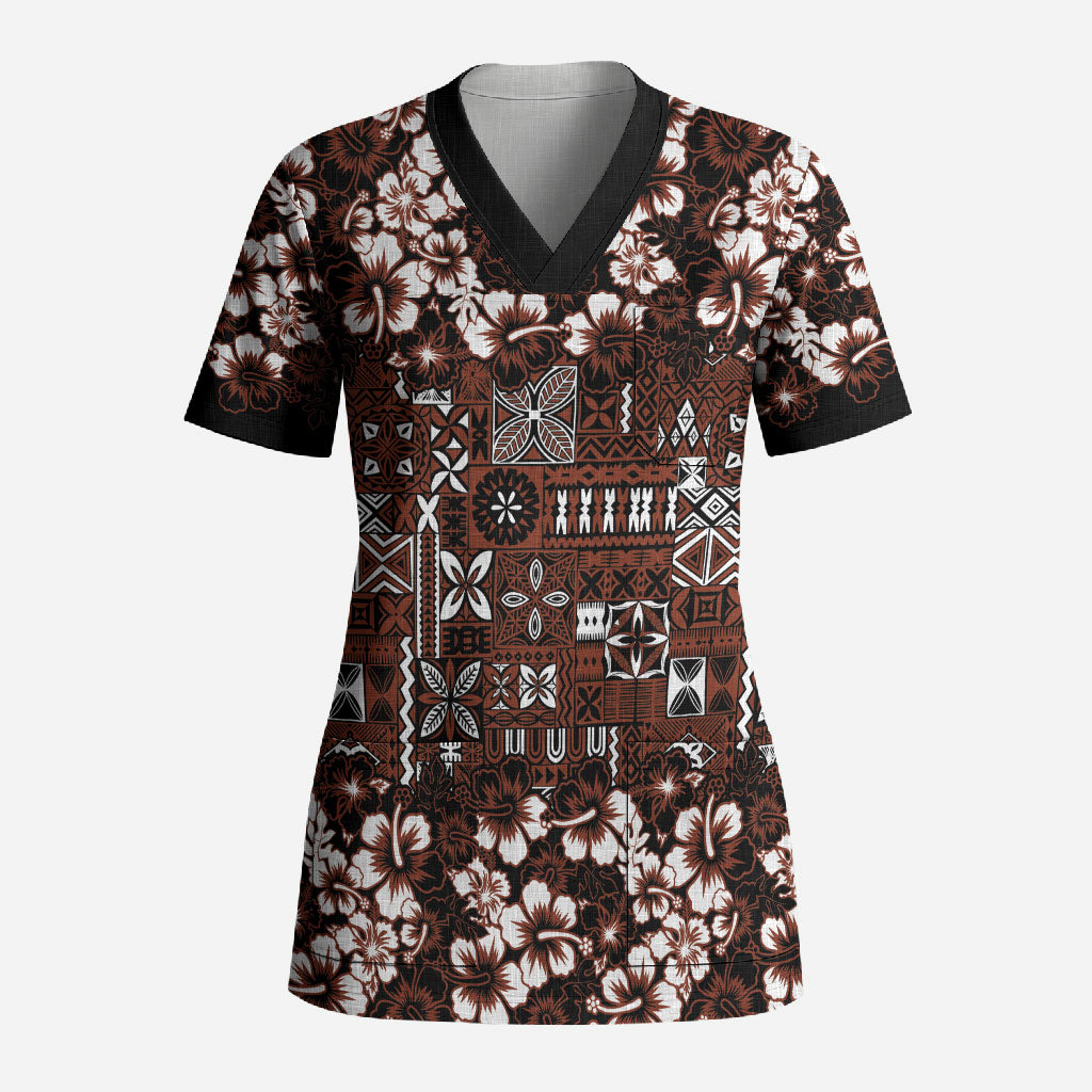 Burgundy Hawaiian Tapa Tribal Hibiscus Scrub Top LT9 Adult Burgundy - Polynesian Pride