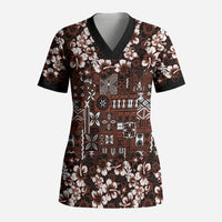 Burgundy Hawaiian Tapa Tribal Hibiscus Scrub Top LT9 Adult Burgundy - Polynesian Pride