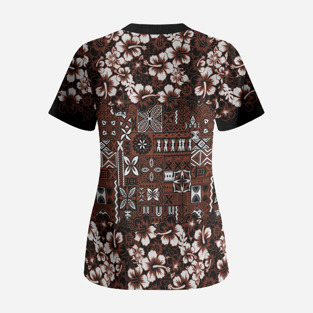 Burgundy Hawaiian Tapa Tribal Hibiscus Scrub Top LT9 - Polynesian Pride