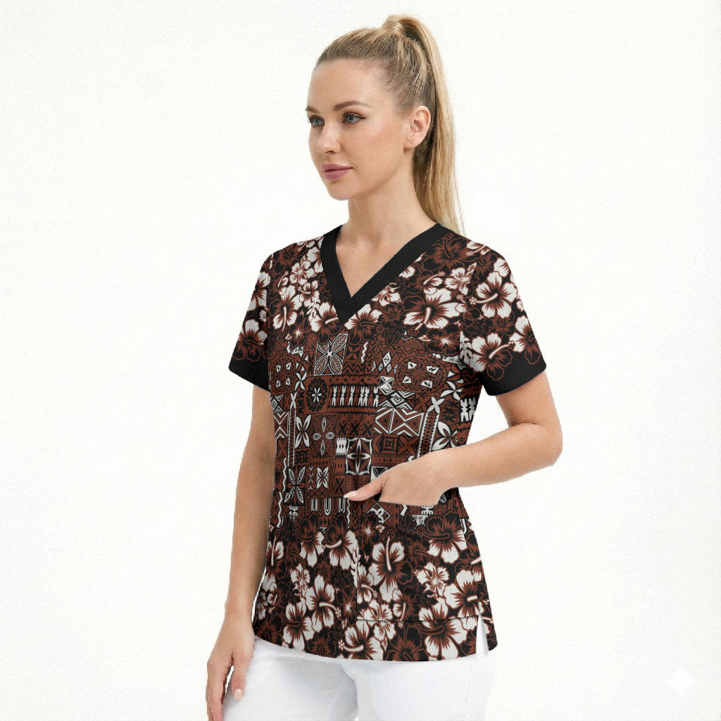 Burgundy Hawaiian Tapa Tribal Hibiscus Scrub Top LT9 - Polynesian Pride