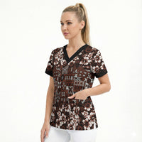 Burgundy Hawaiian Tapa Tribal Hibiscus Scrub Top LT9 - Polynesian Pride